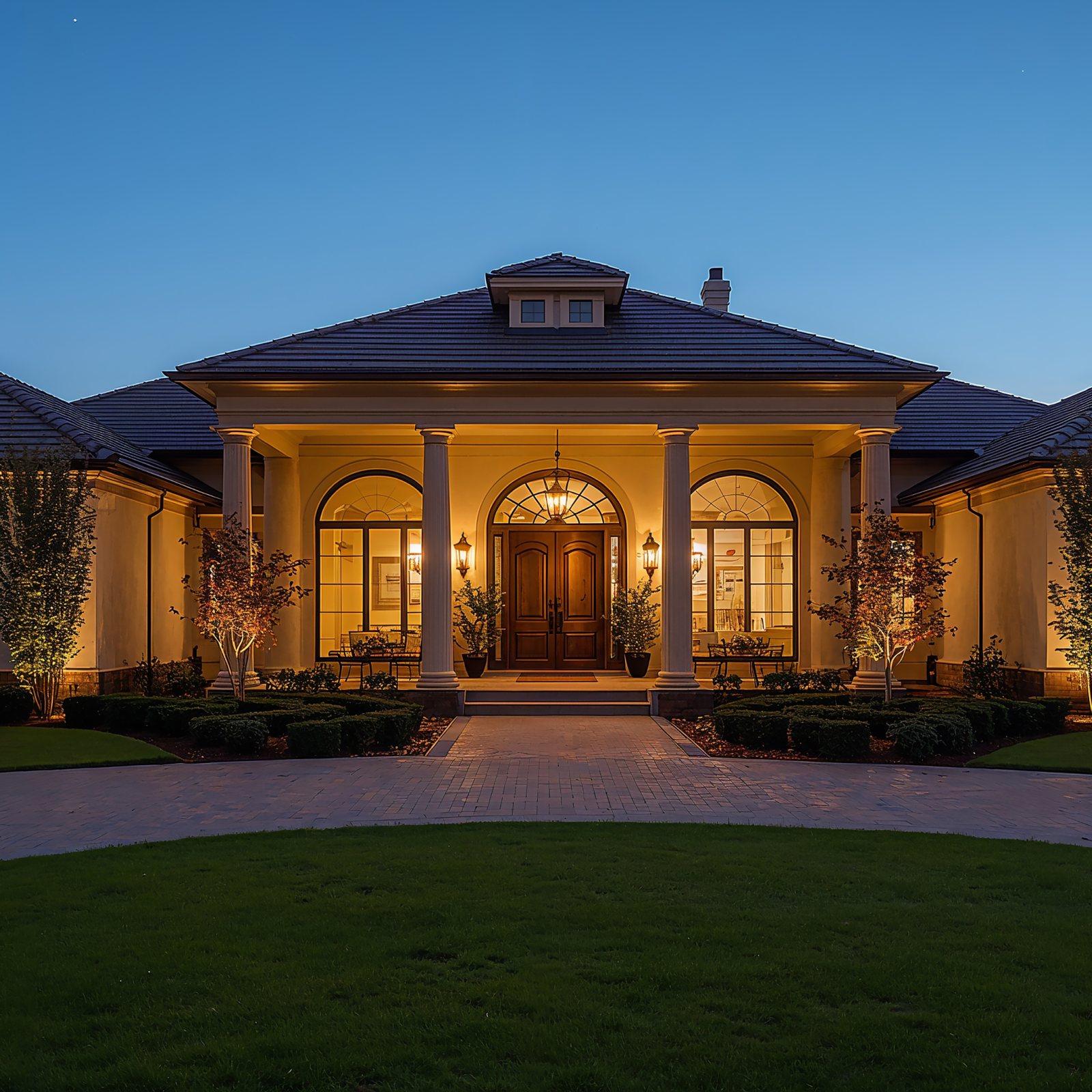 Elegant House Facade with Warm Evening Lighting